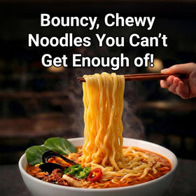 Nongshim Champong Ramyun noodles-texture visual, thick, chewy strands in spicy broth