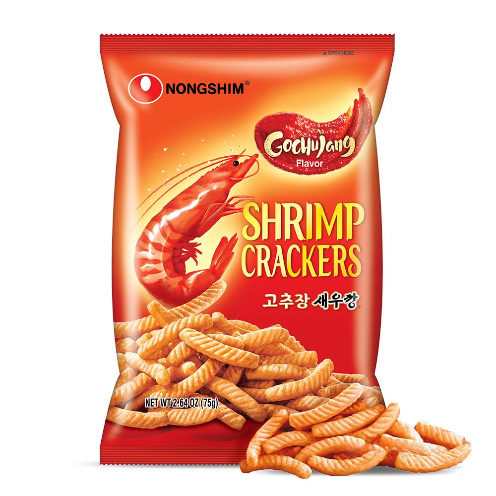 Nongshim Gochujang Shrimp Crackers bag close-up, crispy texture highlighted.