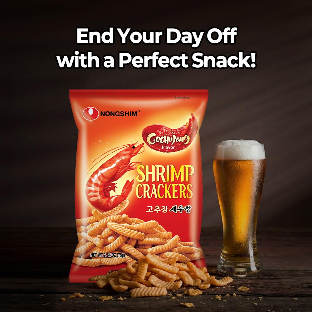 Nongshim Gochujang Shrimp Crackers ingredients panel visible on pack.