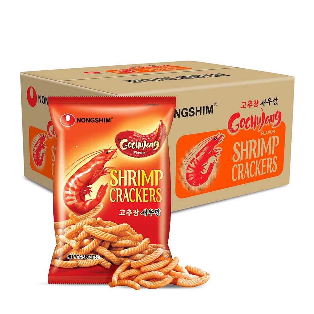 Nongshim Gochujang Shrimp Crackers multi-pack on display, convenient snack option.