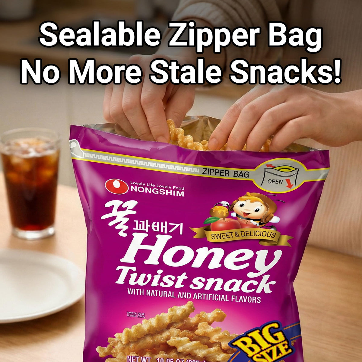 Nongshim Honey Twist resealable bag keeps crunch fresh for family snacking