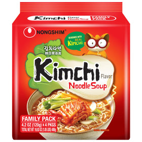 Nongshim Kimchi Ramen Noodles pack showing chewy noodles for quick meals.