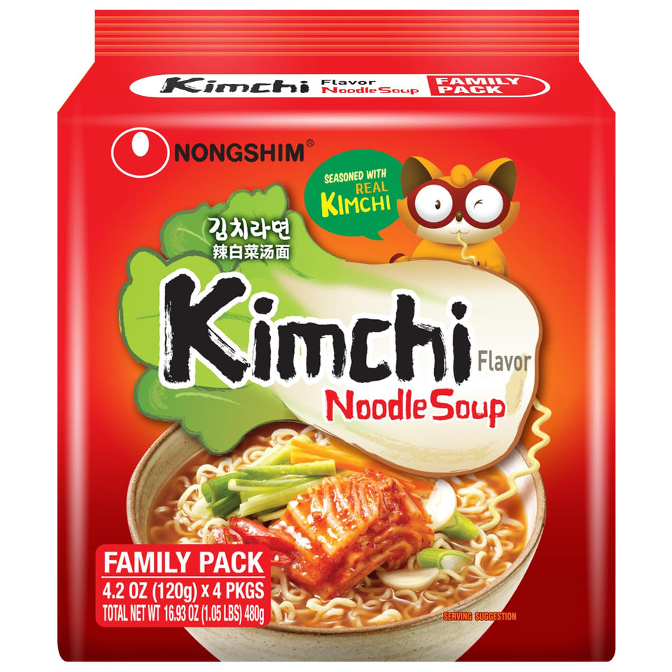 Nongshim Kimchi Ramen Noodles pack showing chewy noodles for quick meals.