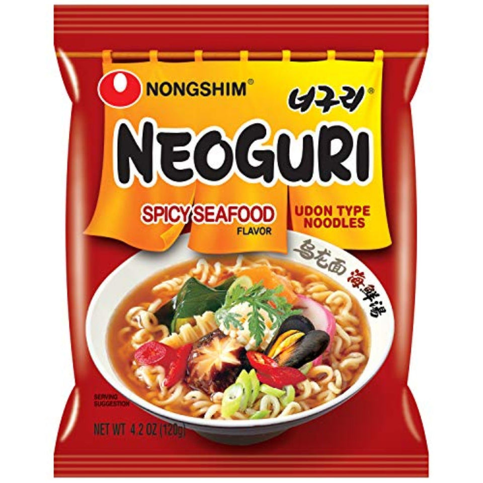 Nongshim Neoguri spicy seafood udon bowl steaming, bold flavor in minutes.