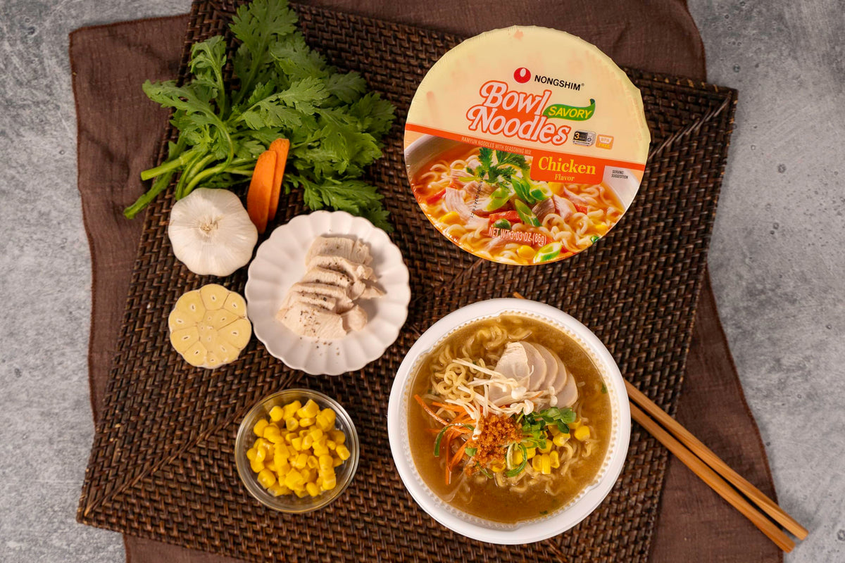 Nongshim packaging 12-pack demonstrates value and simple storage for family meals.