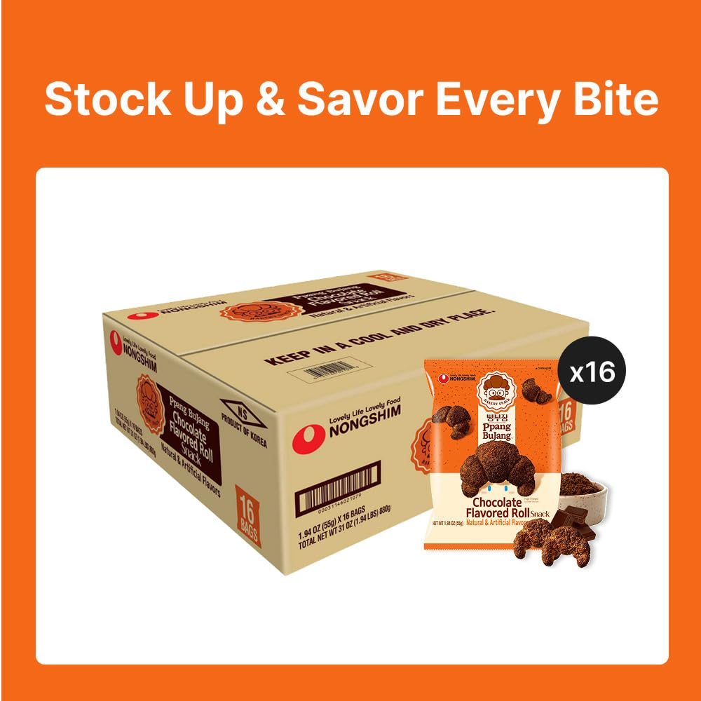 Nongshim Ppang Bujang chocolate roll snack with packaging note about freshness