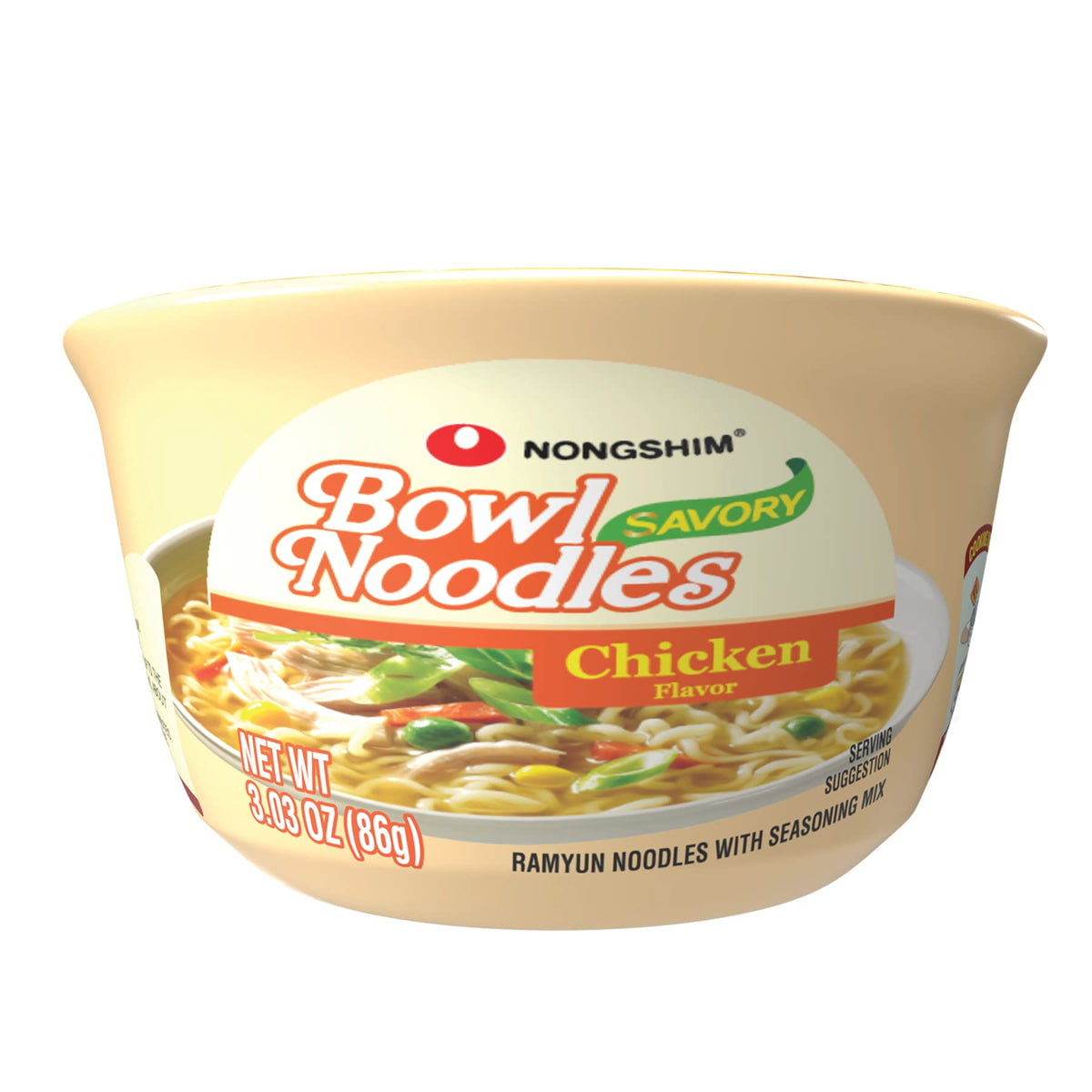 Nongshim Savory Chicken Noodle Bowl close-up showing rich broth for quick comfort.