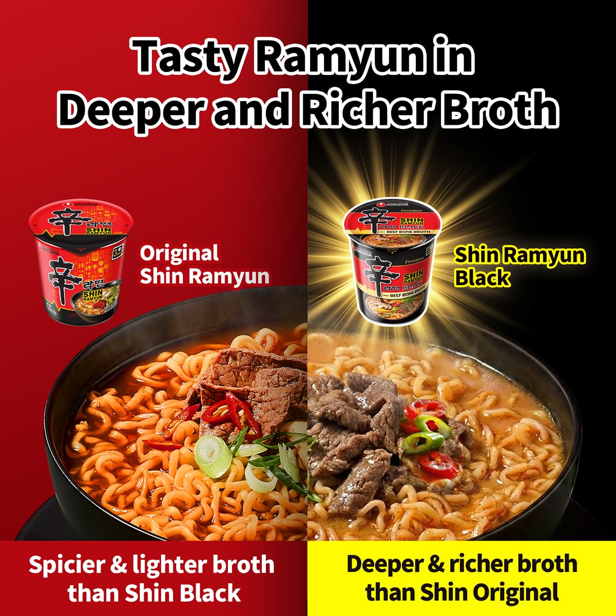 Nongshim Shin Black greens and vegetables in broth suggesting freshness.