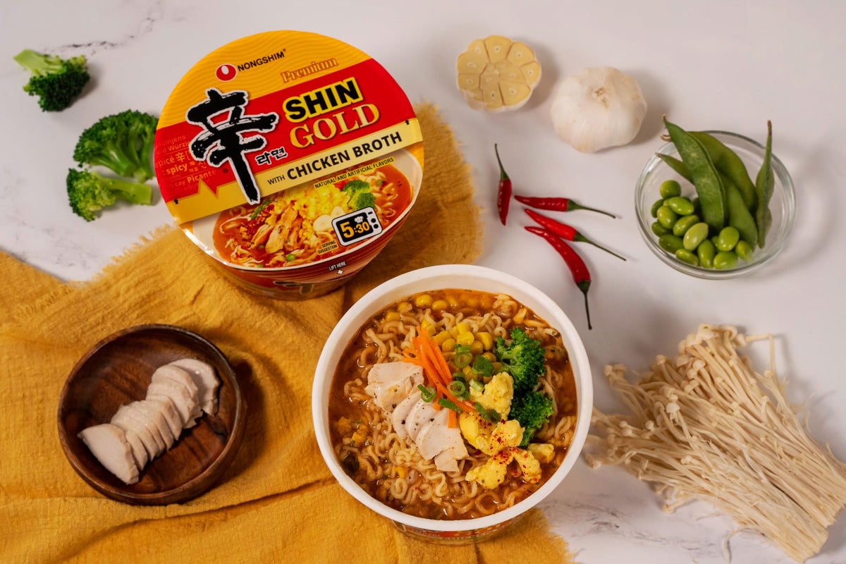 Nongshim Shin Gold six-pack packaging for pantry-friendly meals