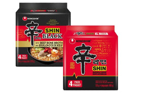 Nongshim Shin Ramyun Black 4-pack on counter, savory aroma ready in minutes.