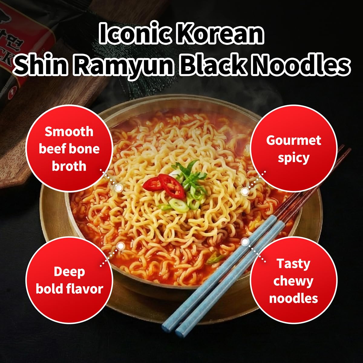 Nongshim Shin Ramyun Black garlic and shiitake flakes add aroma and depth.
