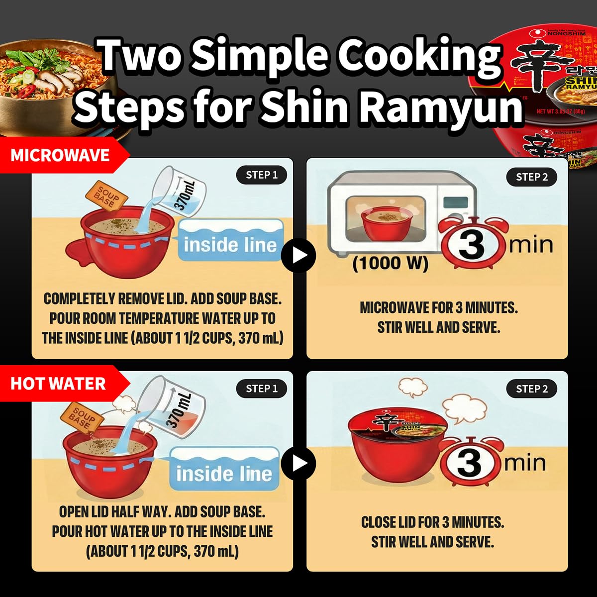 Nongshim Shin Ramyun Bowl noodles reveal chewy, satisfying texture.