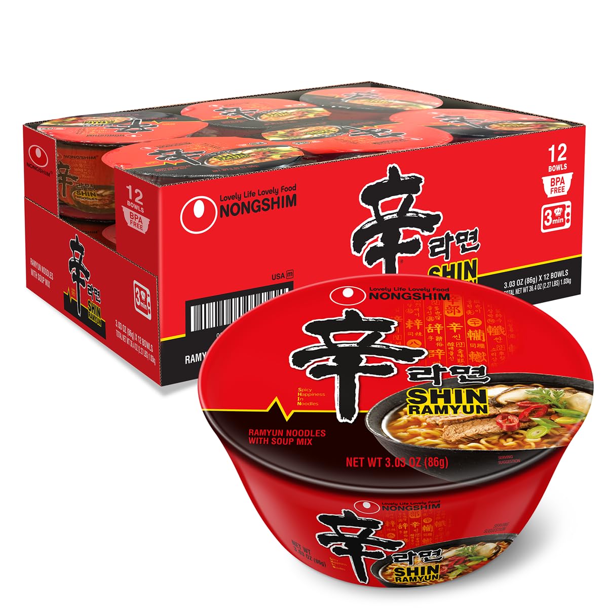 Nongshim Shin Ramyun Bowl pack shot demonstrates 12 bowls for versatile snacking.