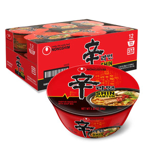 Nongshim Shin Ramyun Bowl pack shot demonstrates 12 bowls for versatile snacking.