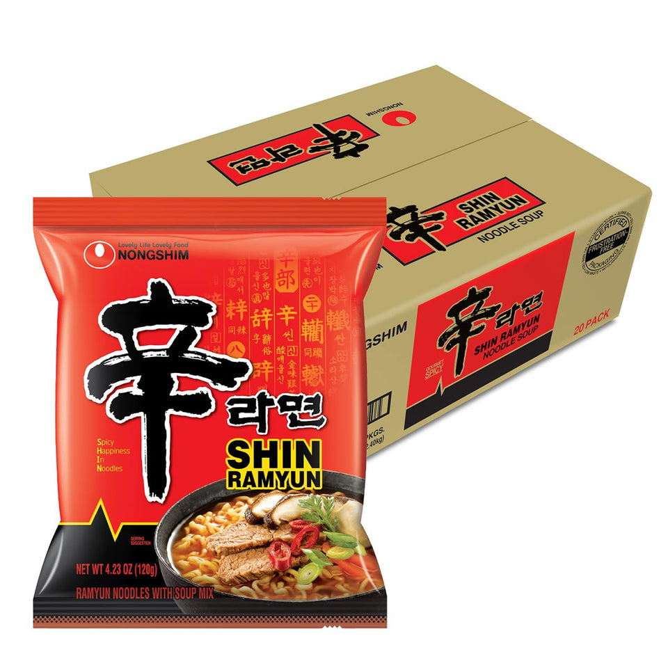 Shin Ramyun bowl steaming with Nongshim, rich beef broth.