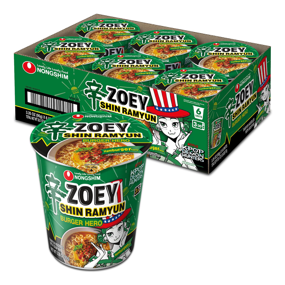 Nongshim Shin Ramyun Burger Hero cup closeup showing bold hamburger flavor
