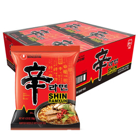 Nongshim Shin Ramyun noodles in a bowl with bold spicy beef flavor