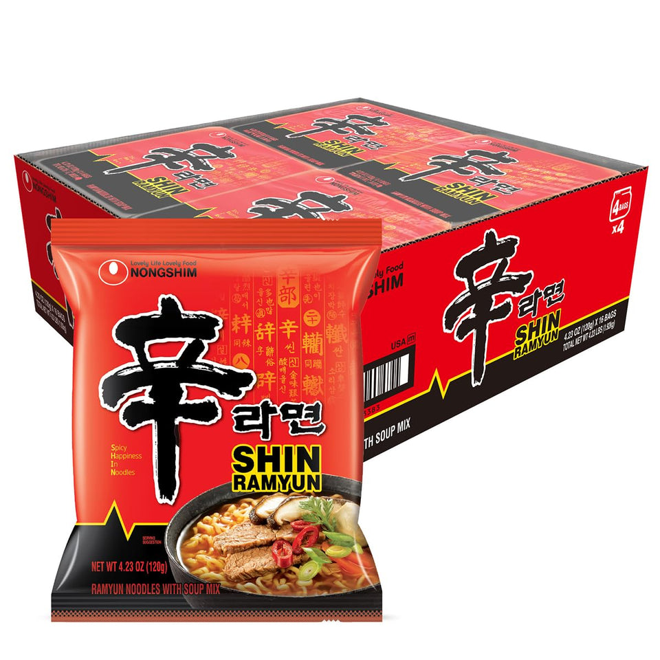 Nongshim Shin Ramyun noodles in a bowl with bold spicy beef flavor