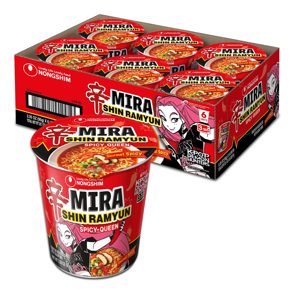 Nongshim Shin Ramyun Spicy Queen cup noodles close-up showing bold flavor and chewy texture.