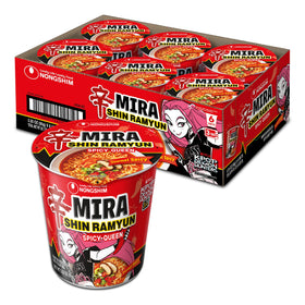 Nongshim Shin Ramyun Spicy Queen cup noodles close-up showing bold flavor and chewy texture.