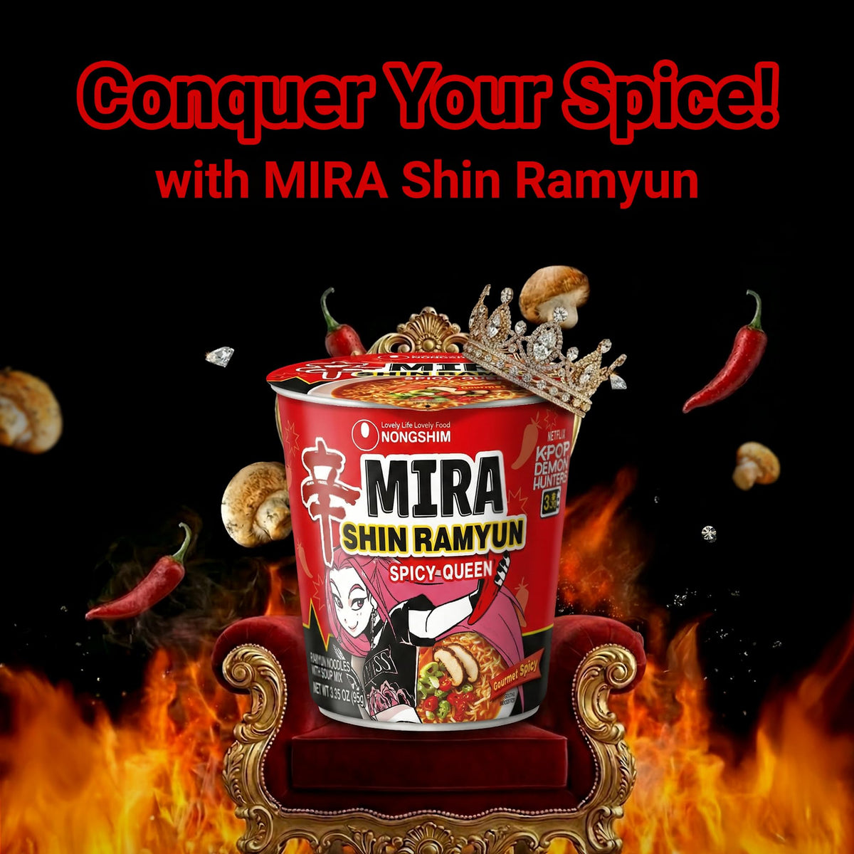 Nongshim Shin Ramyun Spicy Queen packaging emphasizes value and pantry convenience.