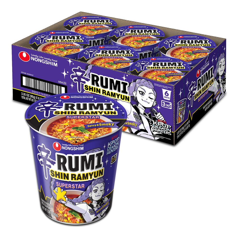 Nongshim Shin Ramyun Superstar cup front view, quick office lunch option.