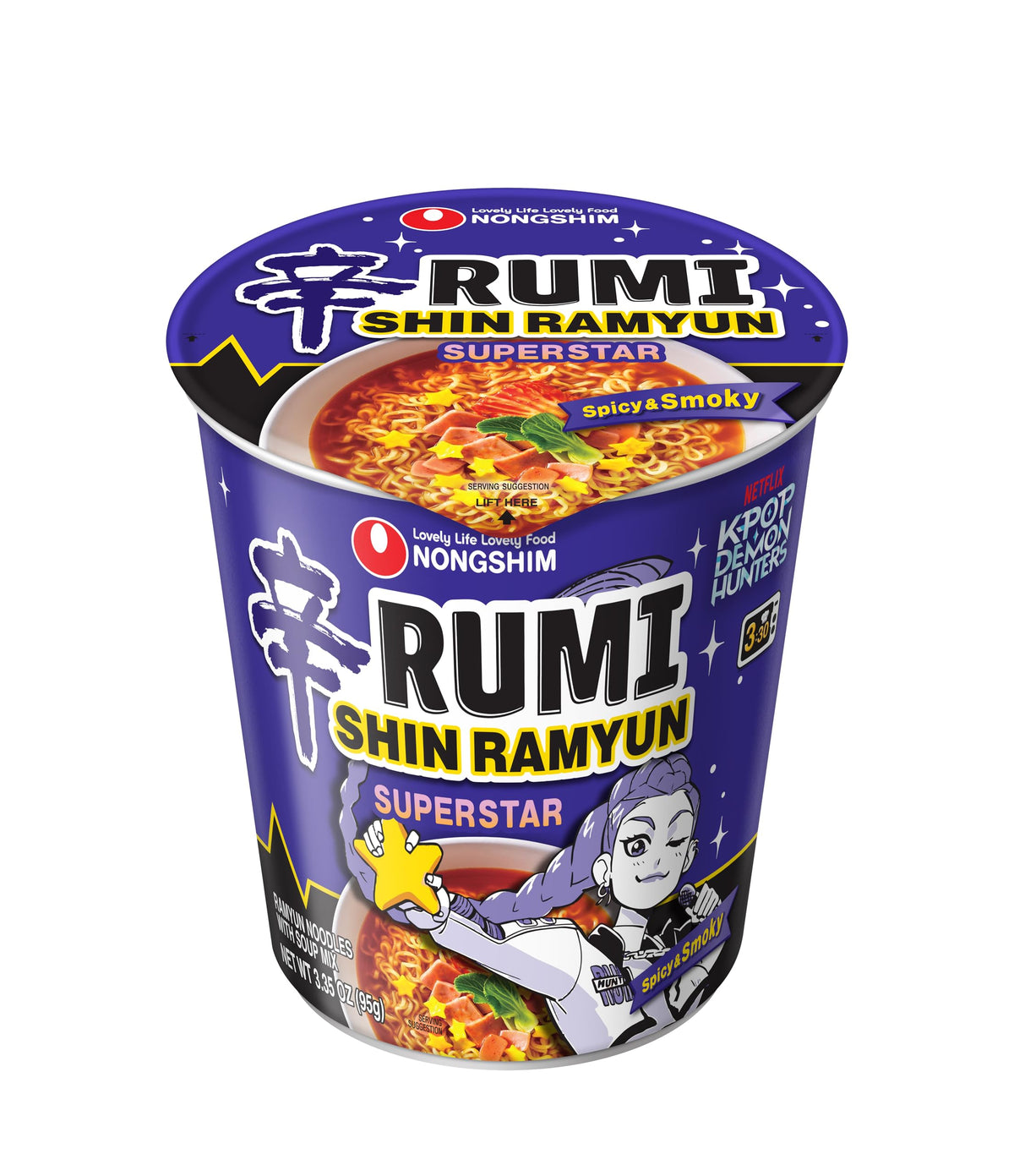 Nongshim Shin Ramyun Superstar cup side view highlighting spicy smoky profile.