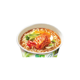 Nongshim Soon Kimchi Noodle Cup served in bowl with bold broth.