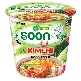 Nongshim Soon Kimchi Noodle Cup packaging, convenient vegan meal option.