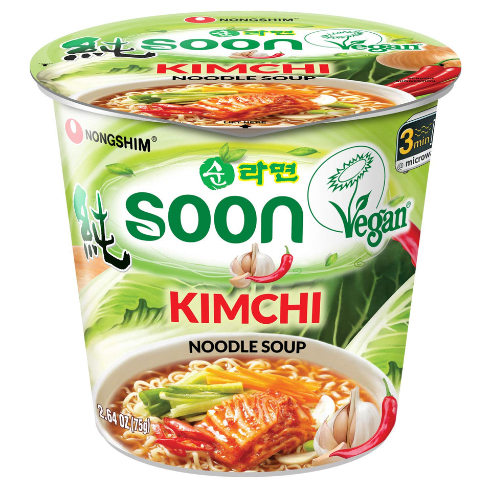Nongshim Soon Kimchi Noodle Cup packaging, convenient vegan meal option.