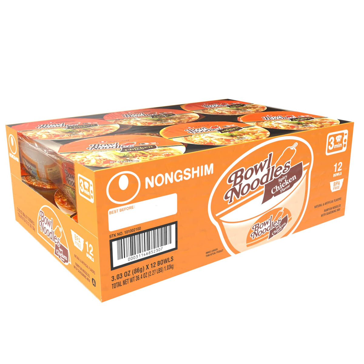 Nongshim Spicy Chicken Noodle Soup 12-pack packaging highlights bulk convenience.