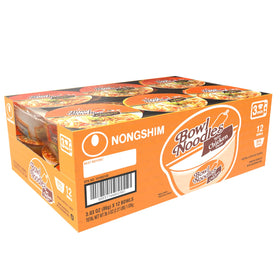 Nongshim Spicy Chicken Noodle Soup 12-pack packaging highlights bulk convenience.