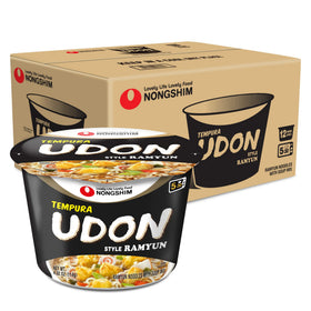 Nongshim Tempura Udon bowl close-up showing rich, comforting broth for quick meals.