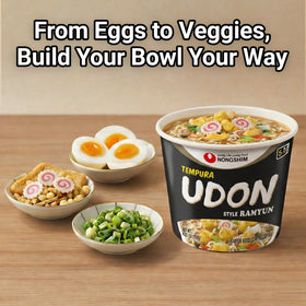 Nongshim Tempura Udon broth gently simmered in microwavable cup.