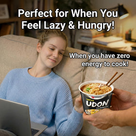 Nongshim Tempura Udon serving in a big bowl ideal for quick dinners.
