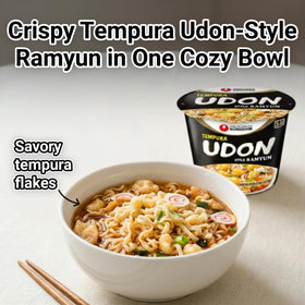 Nongshim Tempura Udon shrimp-flavored fish cake visible in bowl.