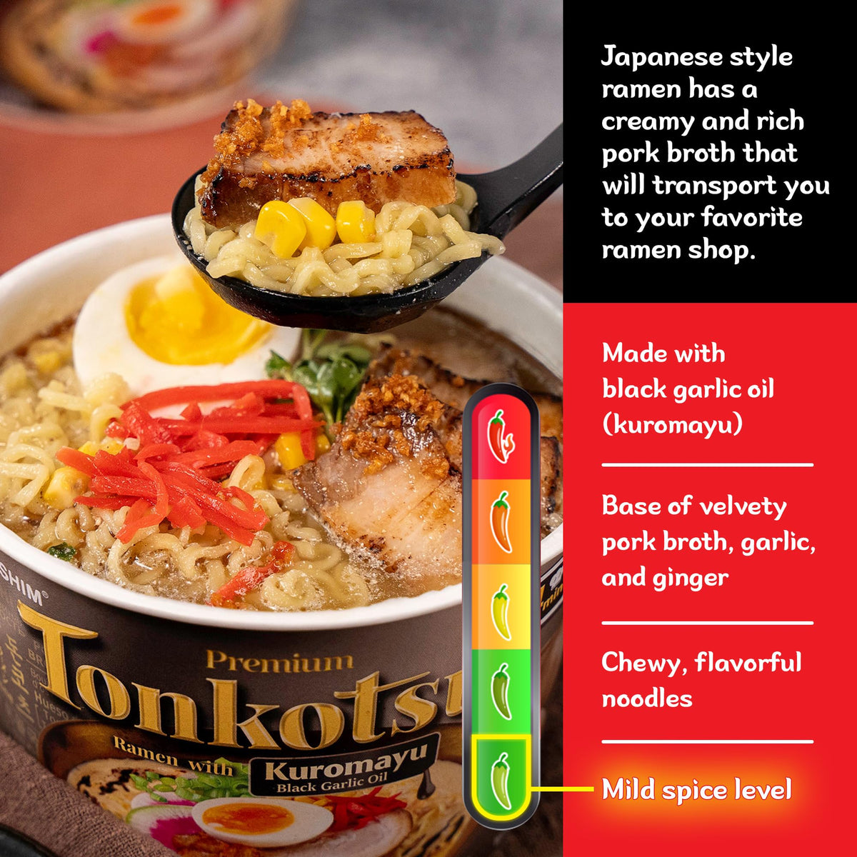 Nongshim Tonkotsu creamy broth close-up with kuromayu