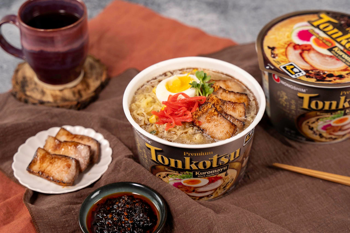 Nongshim Tonkotsu ramen ready-to-serve with spoon