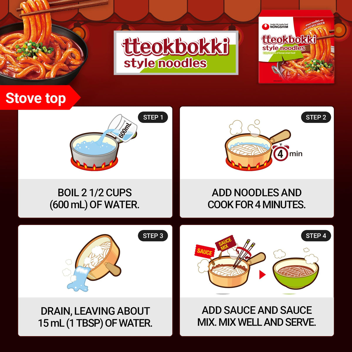 Nongshim Tteokbokki-style noodles served garnished with scallions and egg