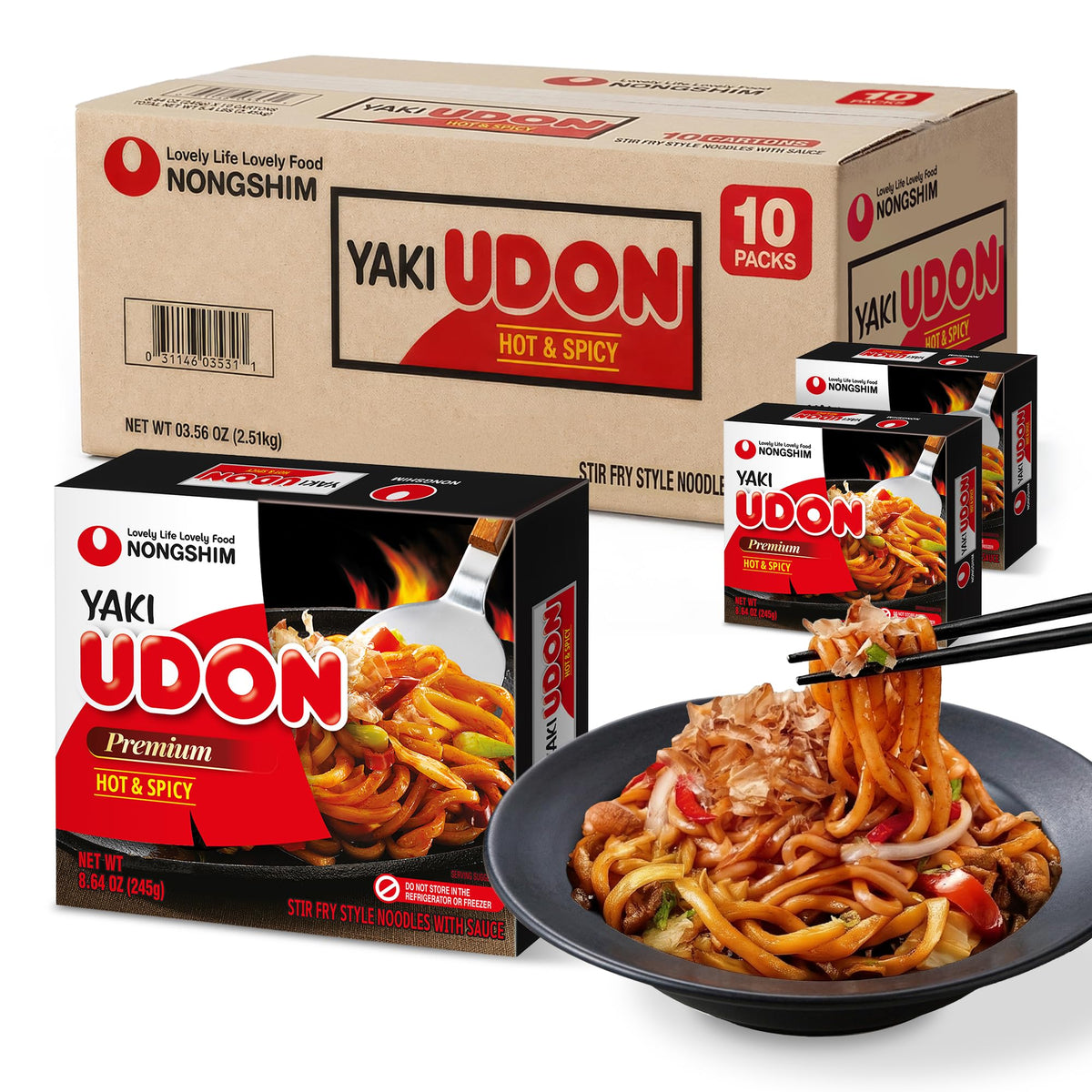 Nongshim Yaki Udon Hot & Spicy packaging on shelf signaling quick meals