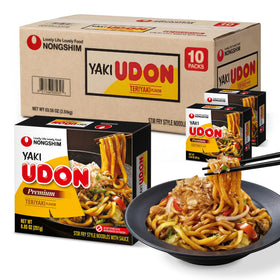 Nongshim Yaki Udon Teriyaki noodles sizzling in a pan for a quick, satisfying meal.