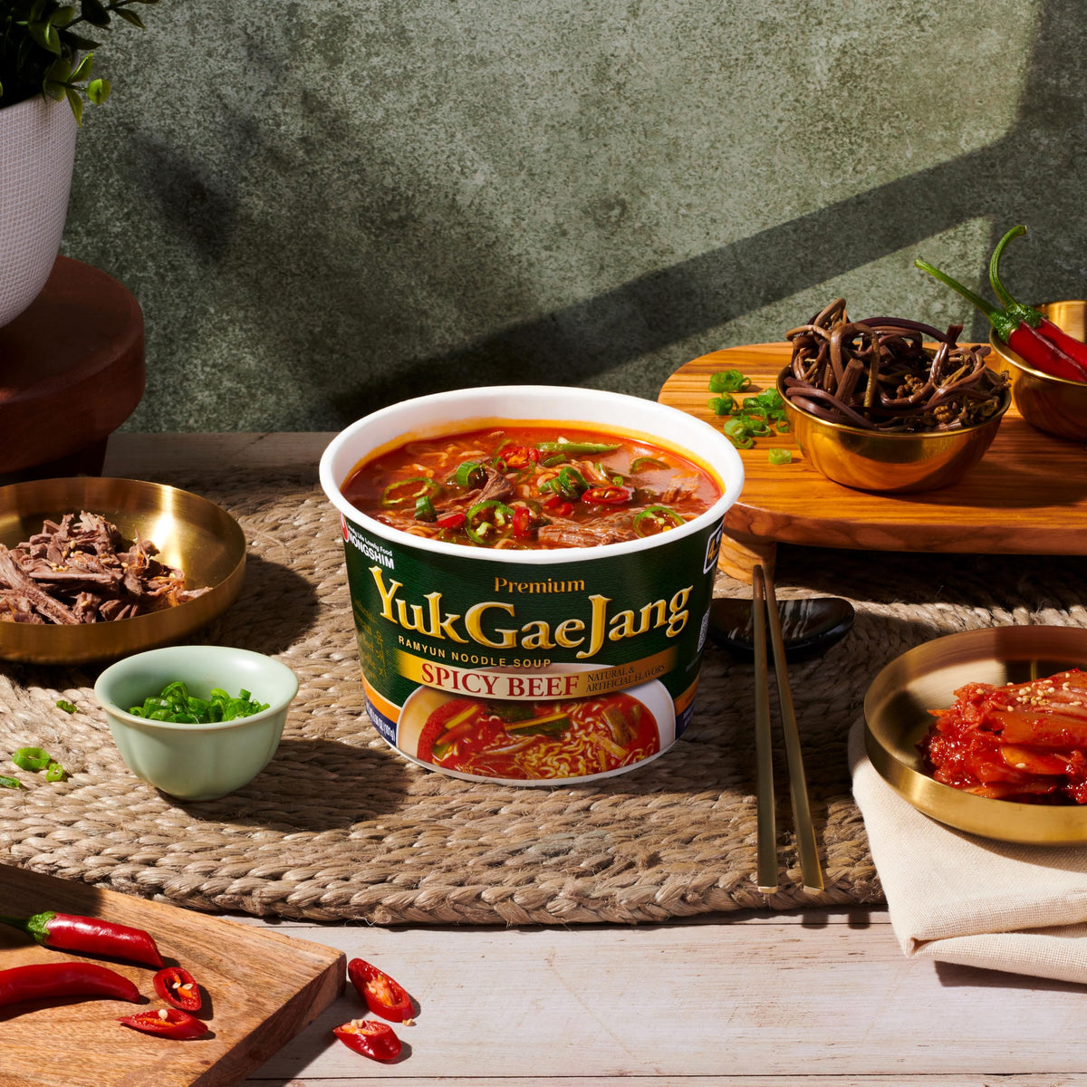 Nongshim Yukgaejang big bowl noodles absorb the flavorful broth for satisfying texture.