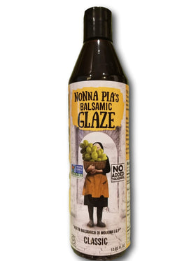 Nonna Pia's balsamic glaze bottle showing a velvety finish for finishing dishes.