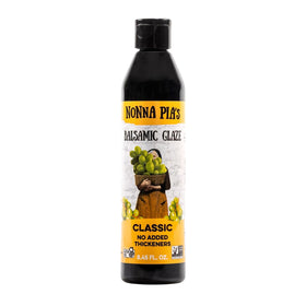 Nonna Pia's Classic Balsamic Glaze bottle with rich color and velvety glaze