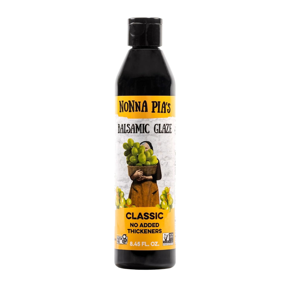 Nonna Pia's Classic Balsamic Glaze bottle with rich color and velvety glaze
