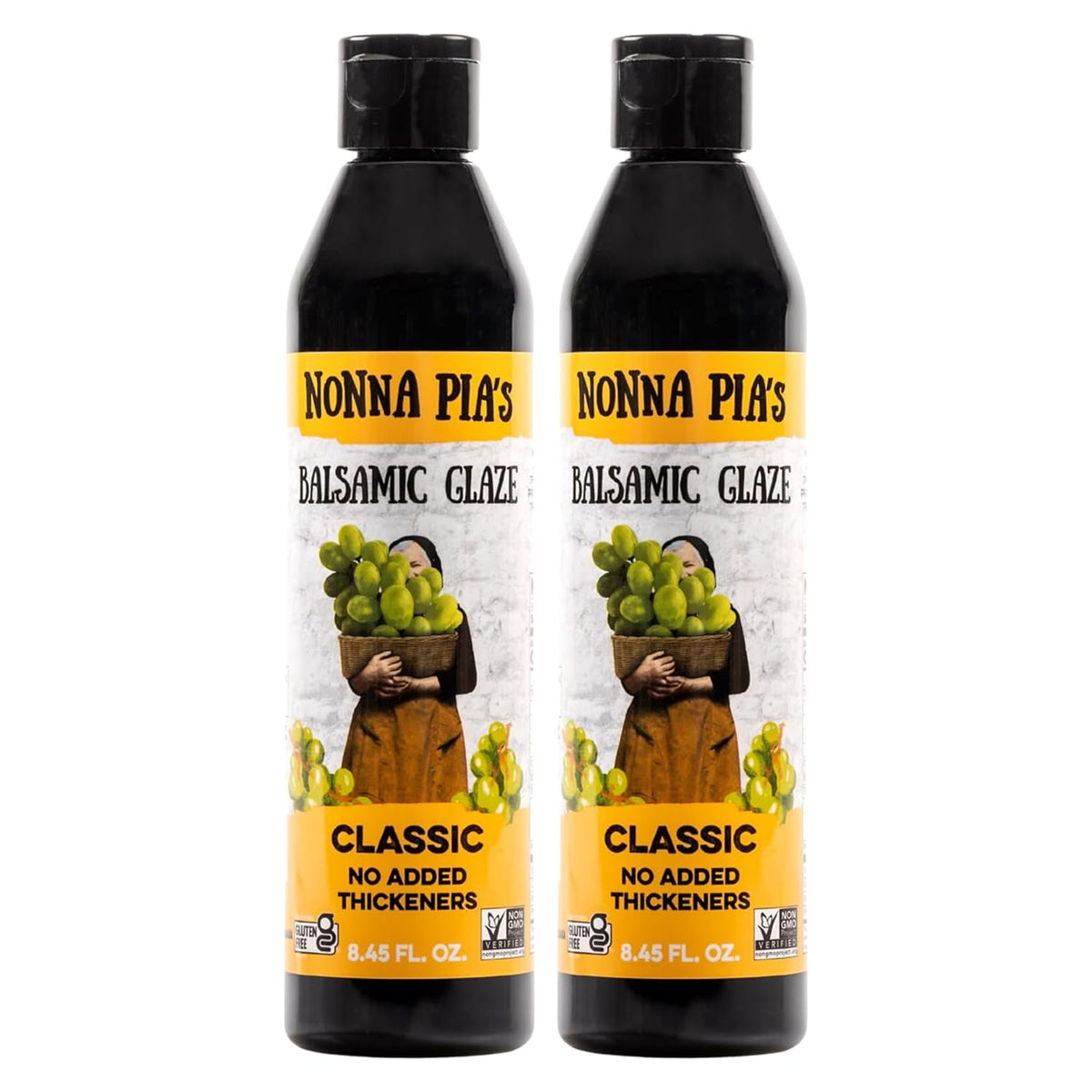 Nonna Pia's Classic Balsamic Glaze bottle shows rich Modena flavor for versatile finishing.