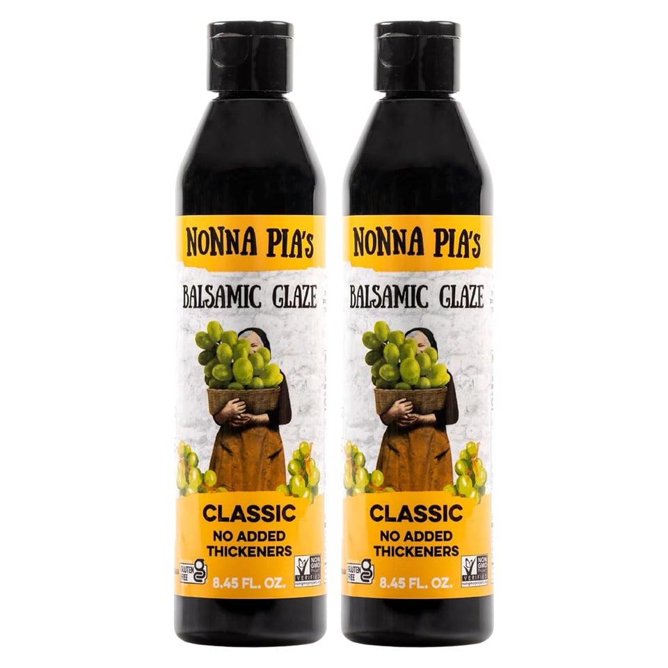 Nonna Pia's Classic Balsamic Glaze bottle shows rich Modena flavor for versatile finishing.