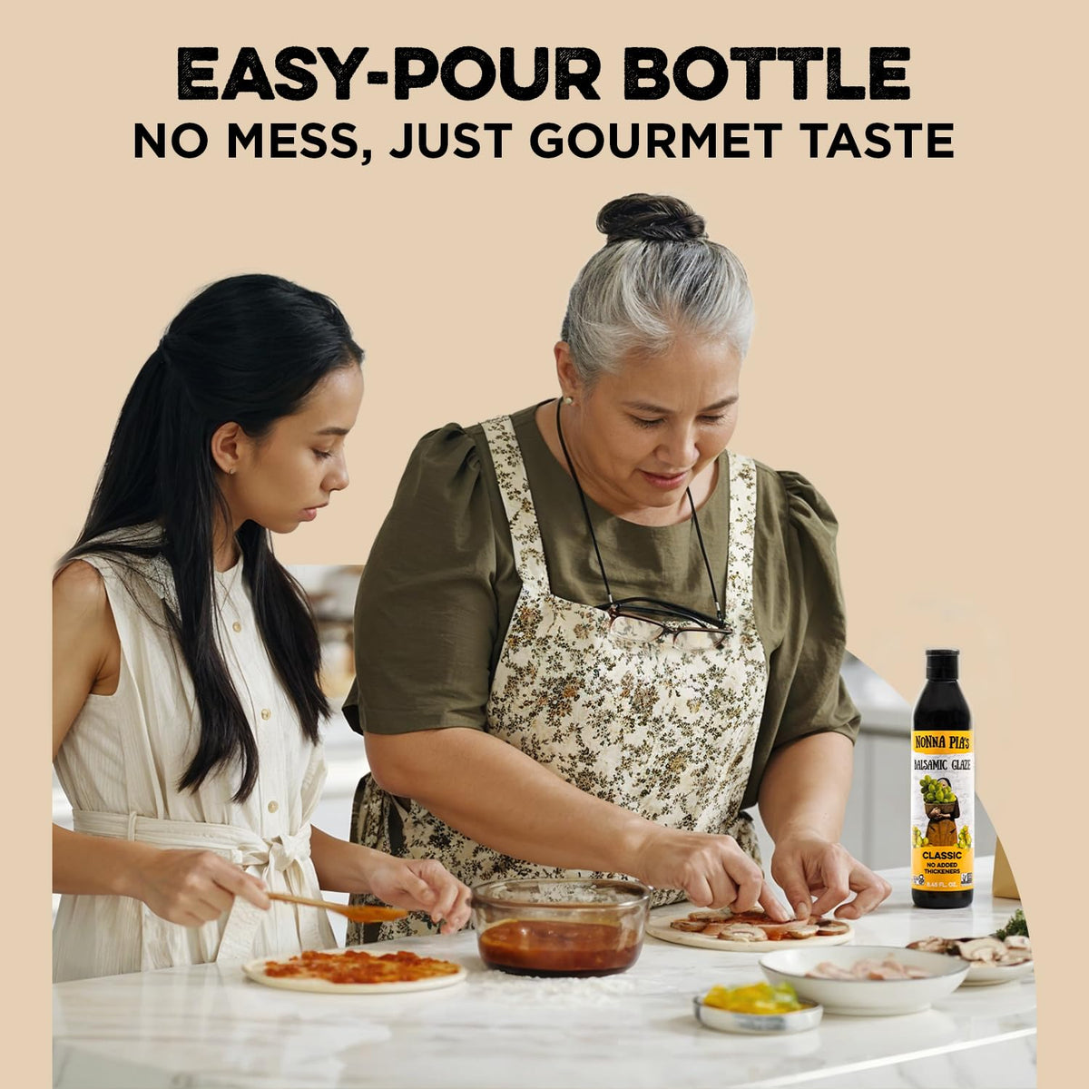 Nonna Pia's glaze paired with fruits and cheese for a sophisticated finish