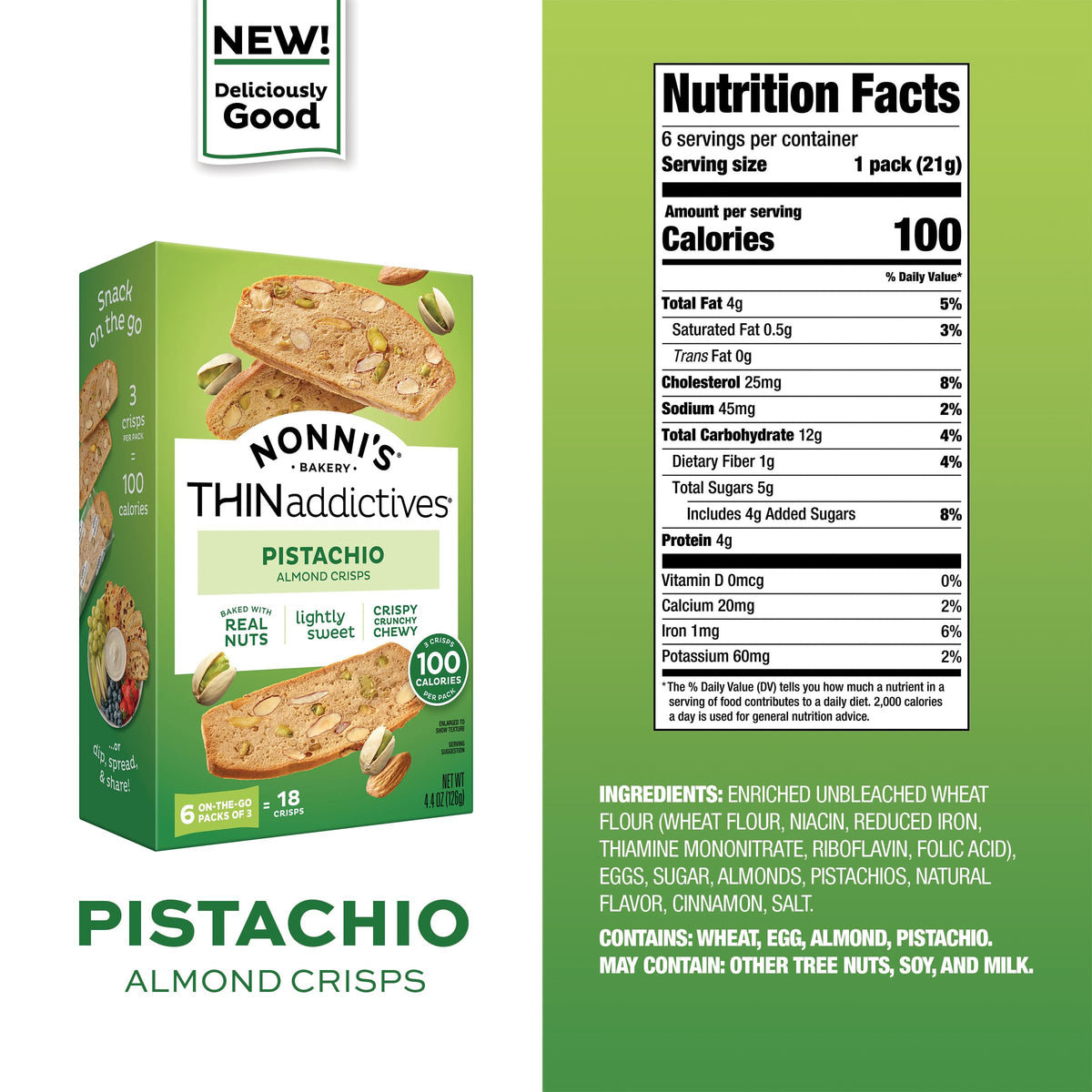Close-up of Nonni's Almond Thins Pistachio showing crisp texture