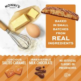 Nonni's Bakery Salted Caramel Biscotti milk chocolate-dipped close-up showing caramel and almonds